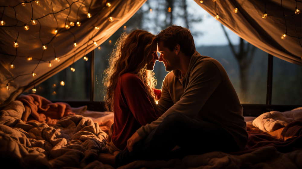 Romantic couple stargazing under starry sky on blanket for outdoor Valentine's Day dates